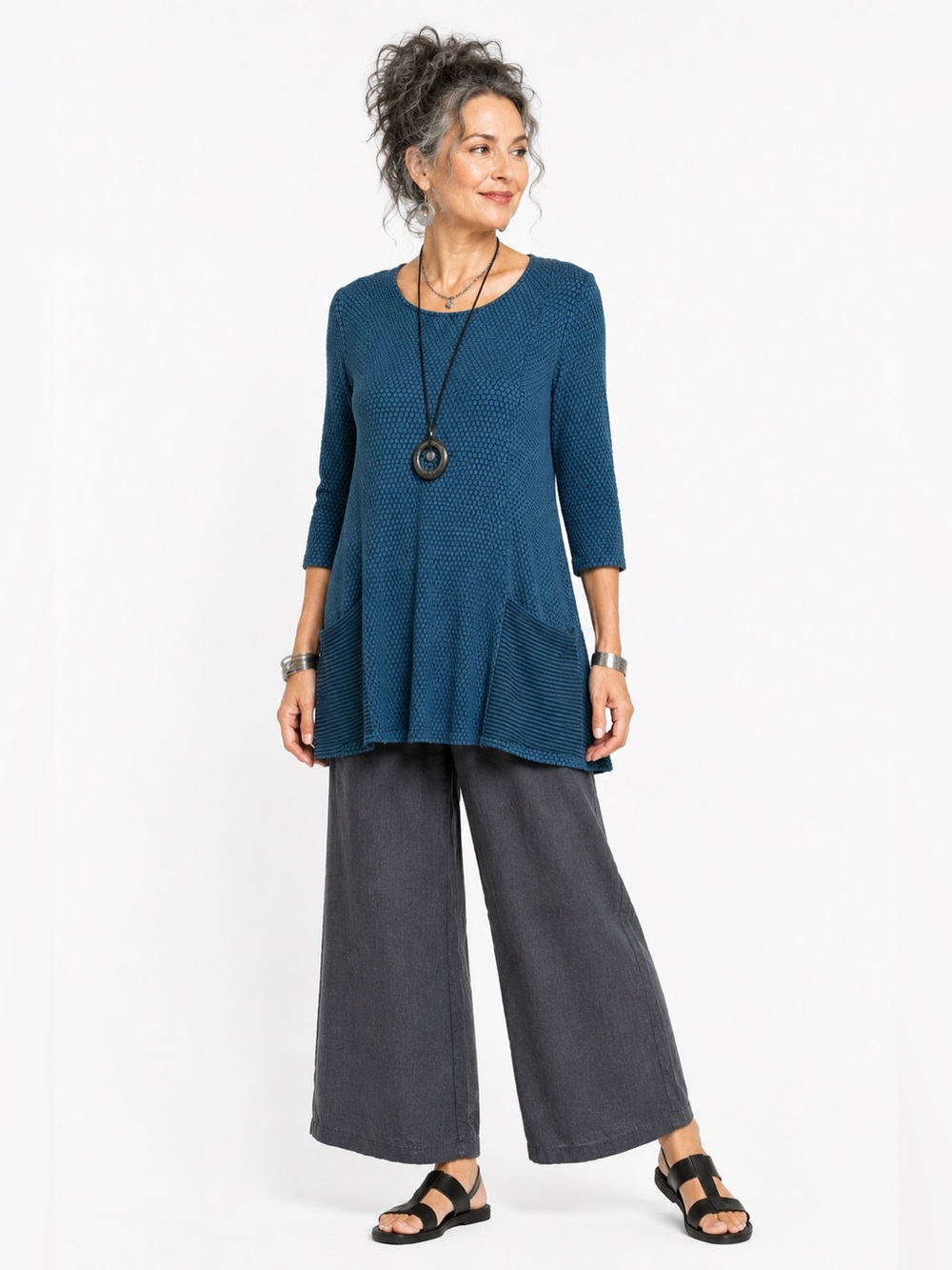 Habitat Teal Blue Textured Knit Tunic Top‎ 2 Pocket Long Sleeve Artsy Lagenlook
